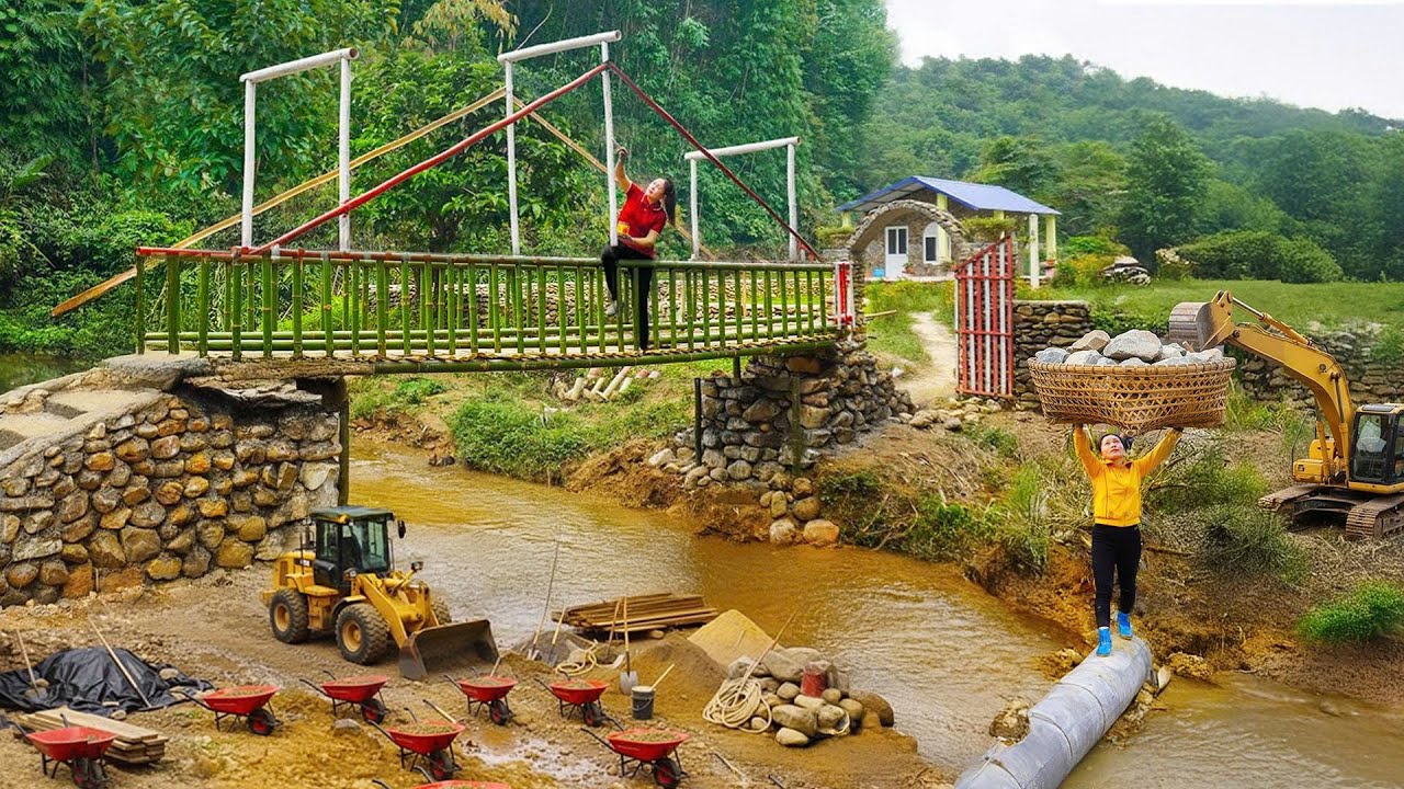 TIMELAPSE: Complete Building Solid Bridge, Connect Two Bridge Piers with Long Bamboo Trees