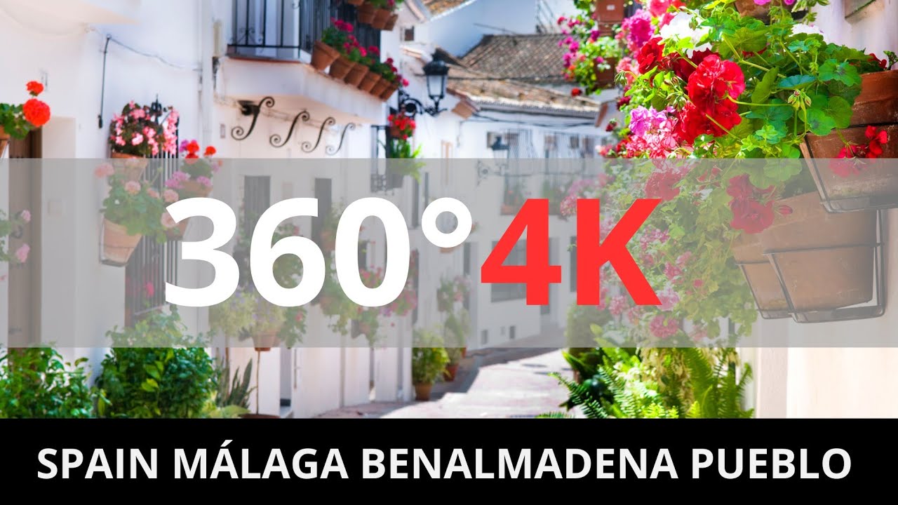 Spain, Málaga, Benalmádena Pueblo. Calle Real.  Street Walking 360° 4K Vídeo.