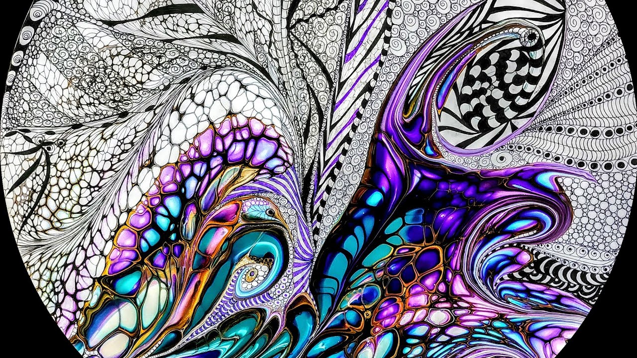 Modified & Embellished Acrylic Pour #zentangle #fluidart