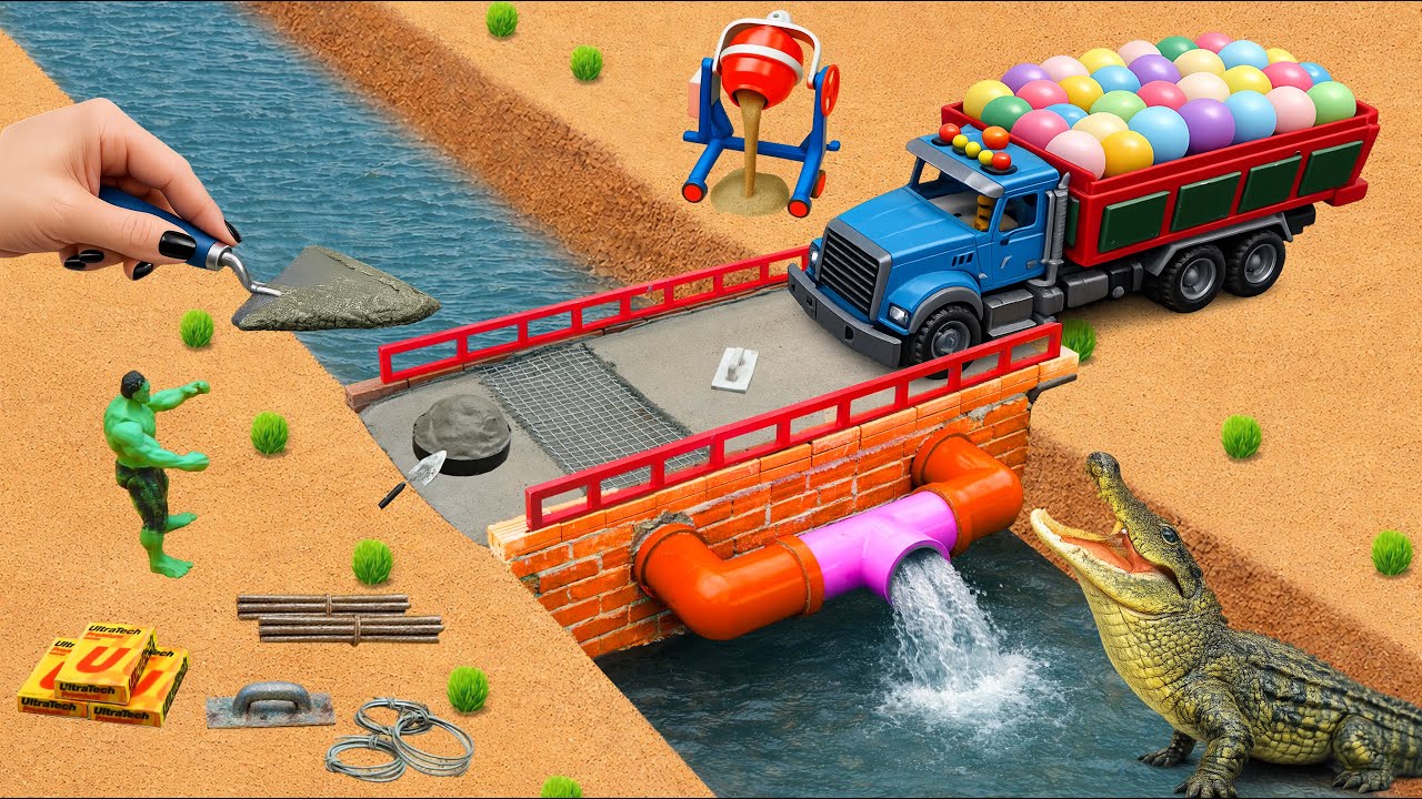 Crocodile Destroys Wooden Bridge | DIY Mini Tractor Builds a Strong Brick Bridge for Trucks