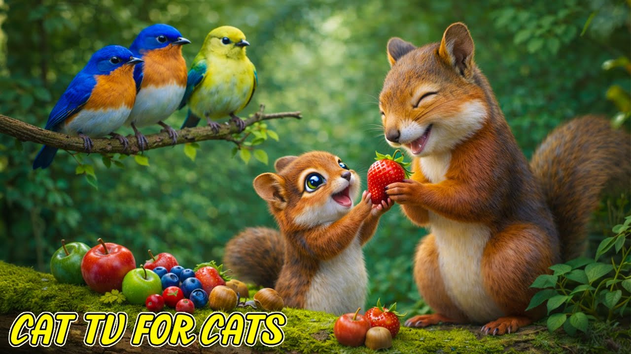 Cat TV for Cats to Watch🐿️🍓 Happy Baby Squirrel & Colorful Birds | Cat Games 4K HDR