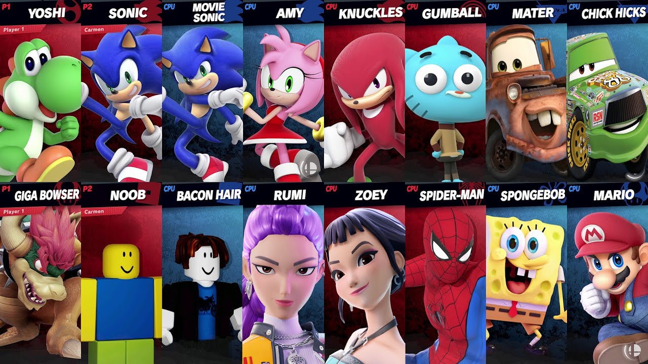 Sonic vs Spider-Man vs Mario vs SpongeBob vs Rumi vs Amy vs Roblox vs Car vs Fortnite | Smash Bros