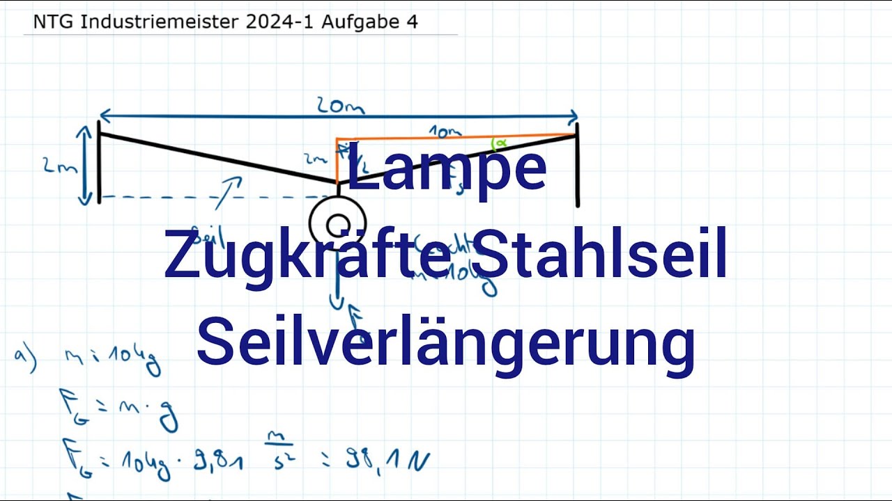 NTG Industriemeister Metall 2024-1 Frühjahr Aufgabe 4 - Lampe, Zugkräfte Stahlseil, Seilverlängerung