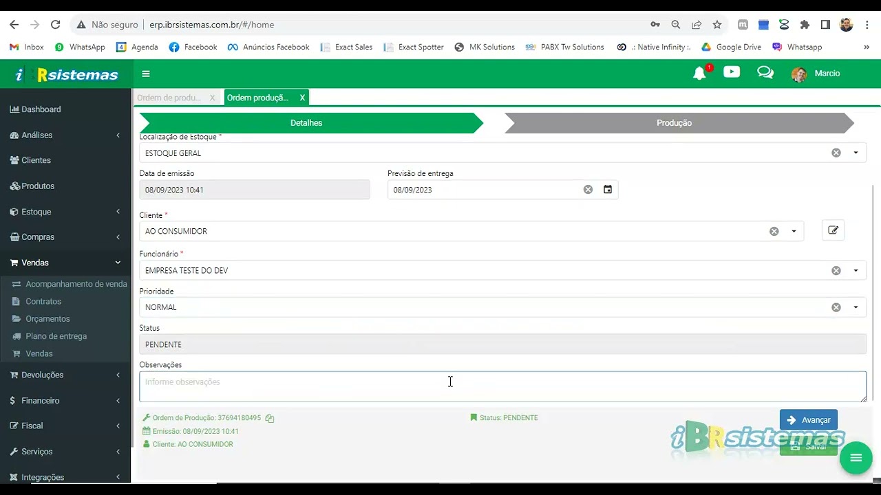 Ordem de Produção no iBRsistemas ERP WEB