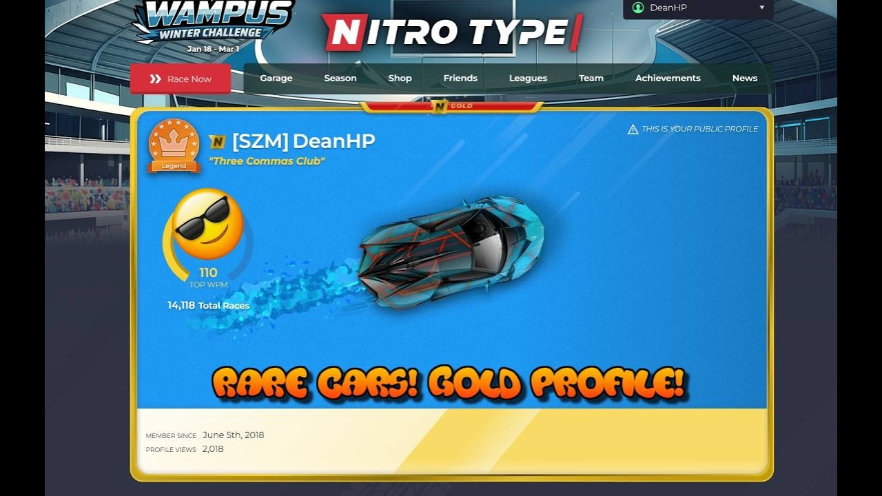 My Nitro Type Profile! League Champion, Gold, Cars, Team! Rare cars. 150 subs=Nitro type giveaway! D