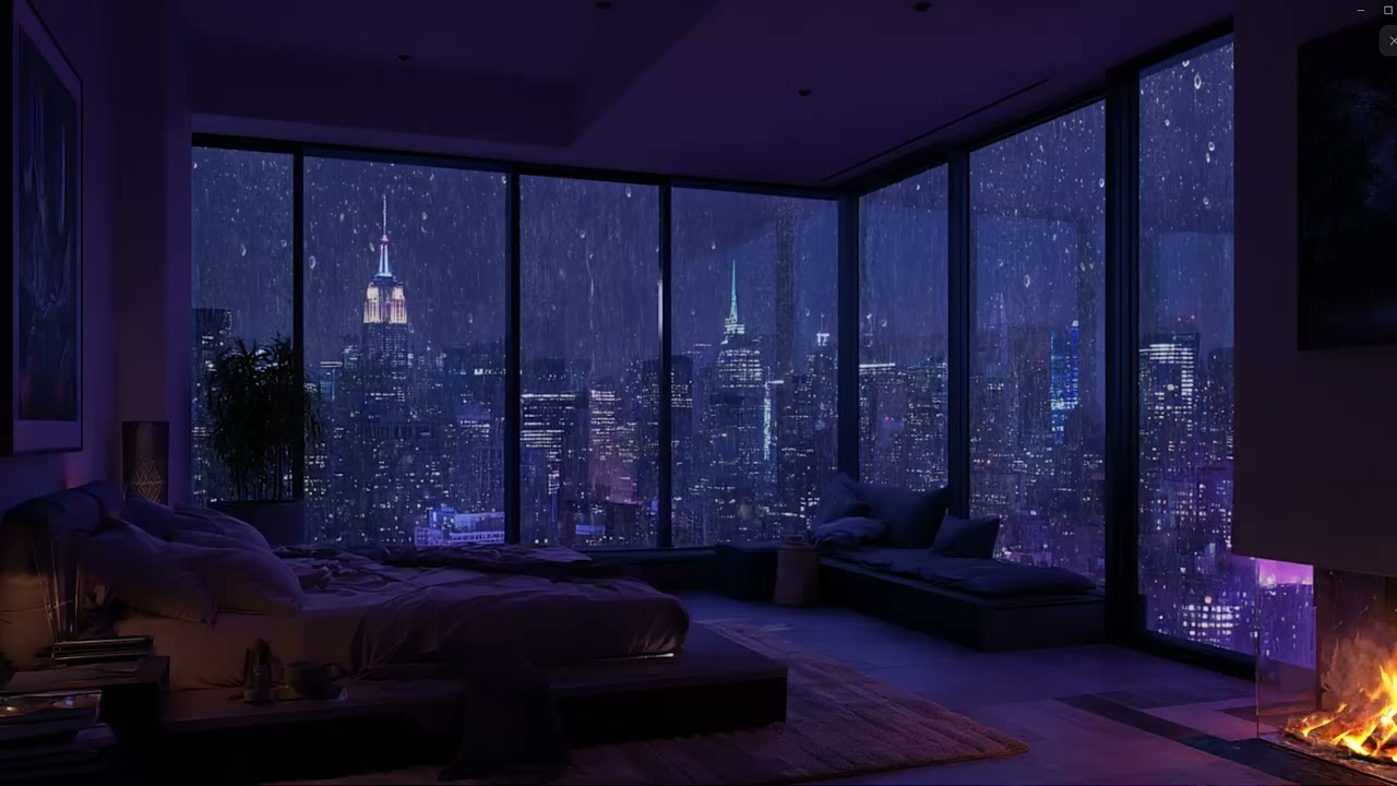 Rain Over City Rooftops 🌧️ | Relaxing Piano & Fireplace for Night Focus