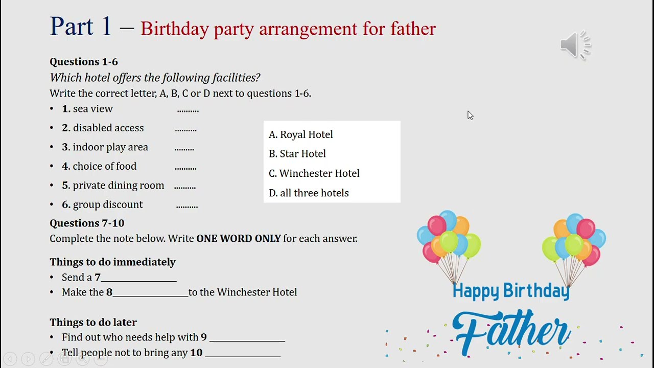 IELTS listening actual test Part 1: Birthday arrangement  (answer+ transcript)
