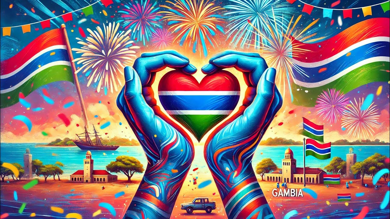 Happy Gambia Independence Day – Heart Hands with Gambia Flag Drawing