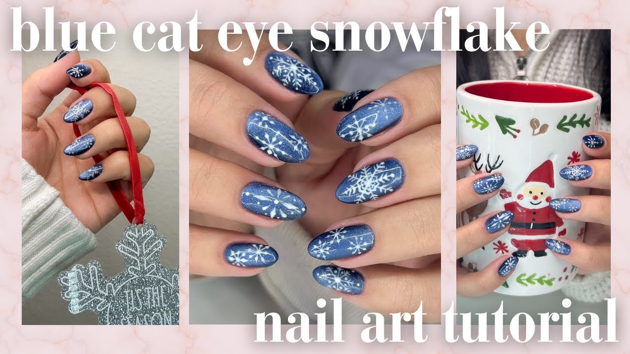 blue cat eye snowflake nail tutorial | winter nails | snowflake nail art
