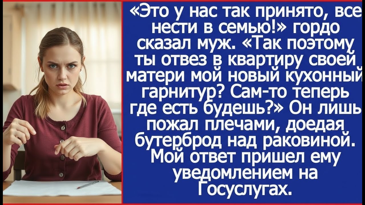 Ты отвез в квартиру своей матери мой новый кухонный гарнитур? Сам-то теперь где есть будешь?