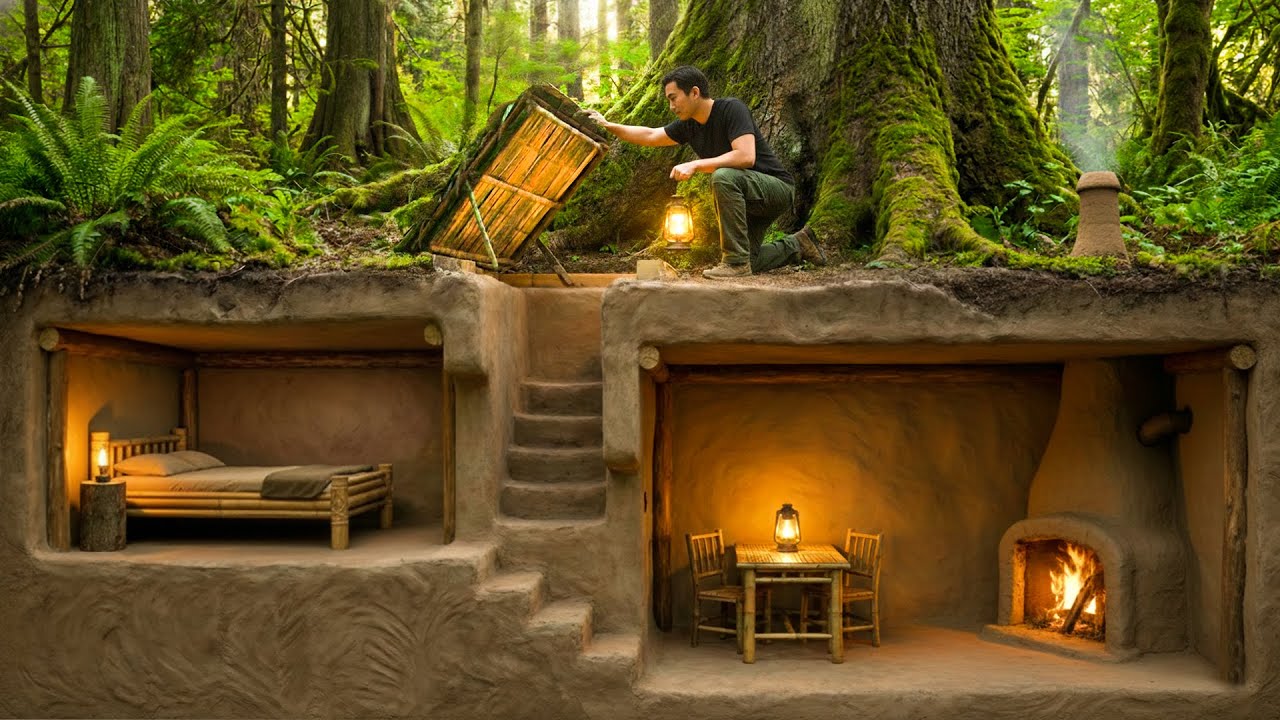Building a Warm and Secret Dugout for Survival Deep Underground. Bushcraft, Survival Shelter