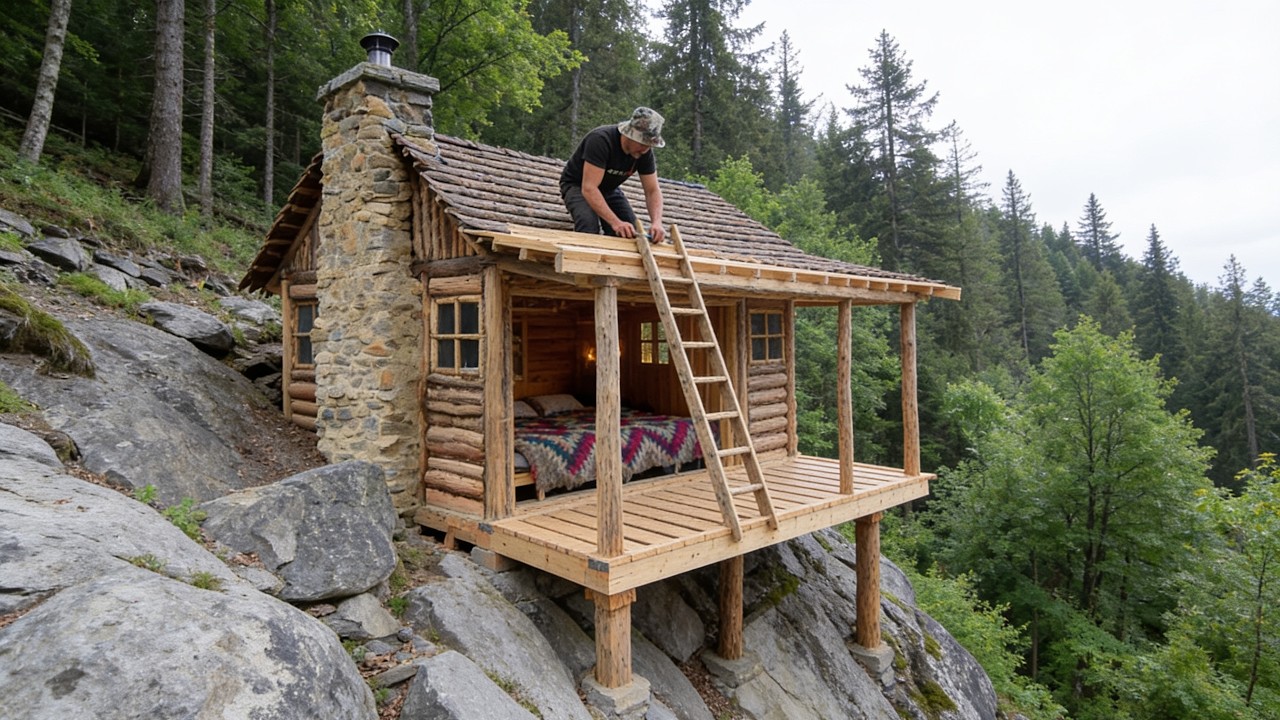 Man Builds a Log and Wood Bushcraft House in the Forest | Start to Finish