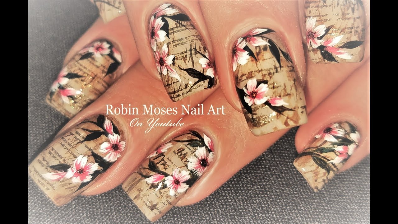 Faux Vintage Newsprint and Flowers Nails | Antique Nail Art Design Tutorial