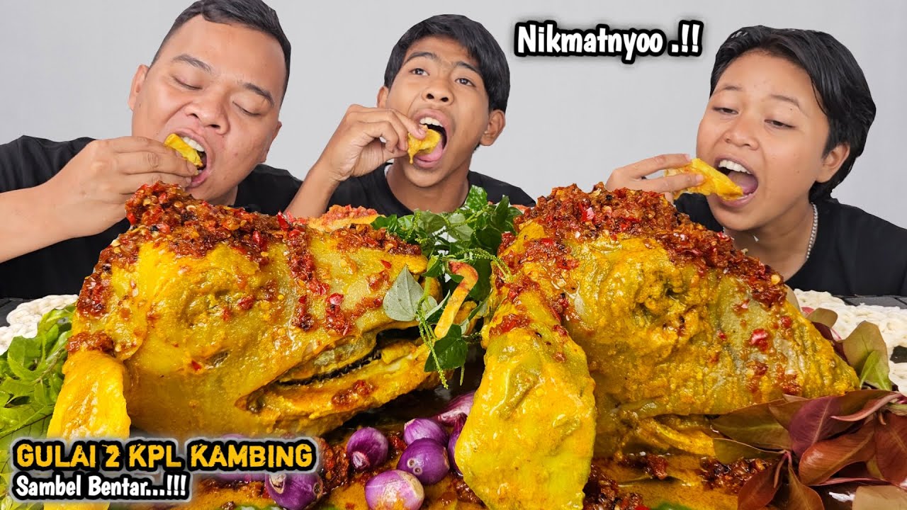 Ngeunah ! Mukbang gulai 2 kpla kambing utuh sambel bentar + bawang jahat + sirih cina, madep