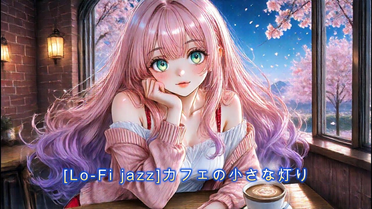 【Lo-Fi jazz】【作業用BGM】70年代レトロジャズ × 夜桜 × 美少女イラスト❘「カフェの小さな灯り」1時間ロングver.