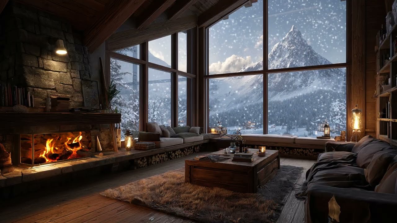 A Long Winter Evening Framed by Firelight and Falling Snow | Slow Interior Calm for Deep Rest