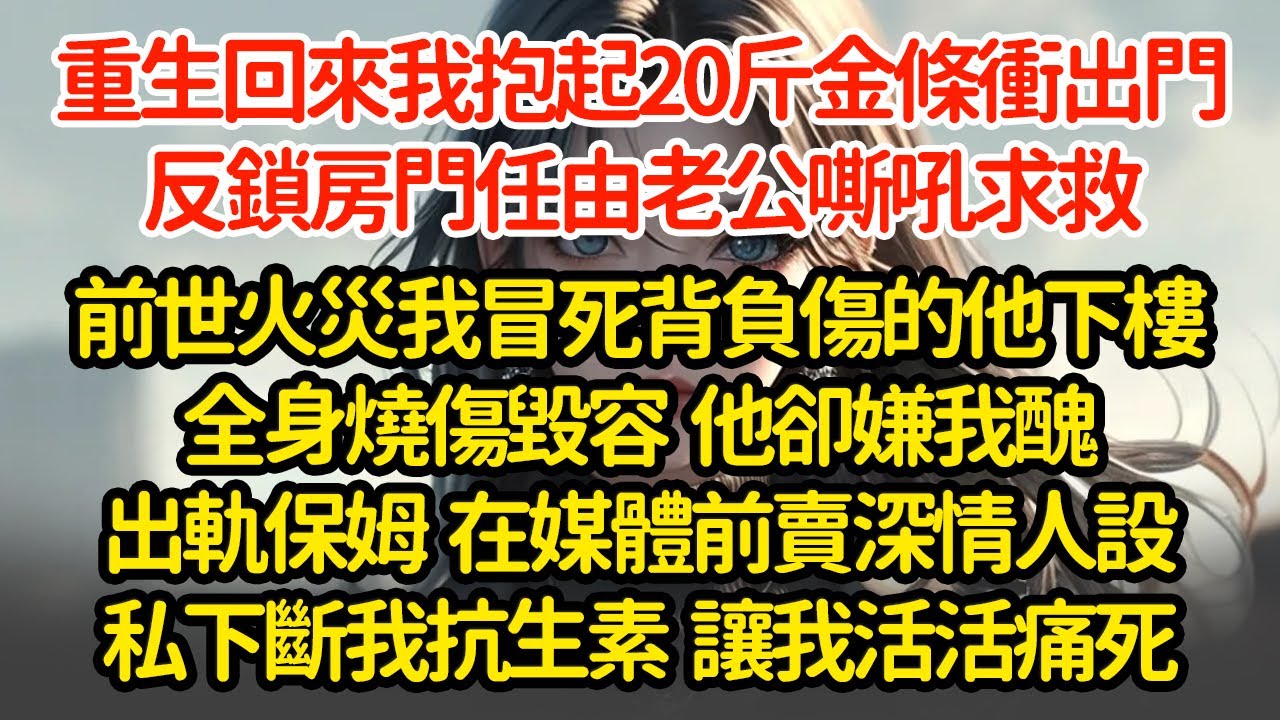 重生回來我抱起20斤金條衝出門，反鎖房門任由老公嘶吼求救前世火災我冒死背負傷的他下樓全身燒傷毀容  他卻嫌我醜出軌保姆  在媒體前賣深情人設私下斷我抗生素  讓我活活痛死