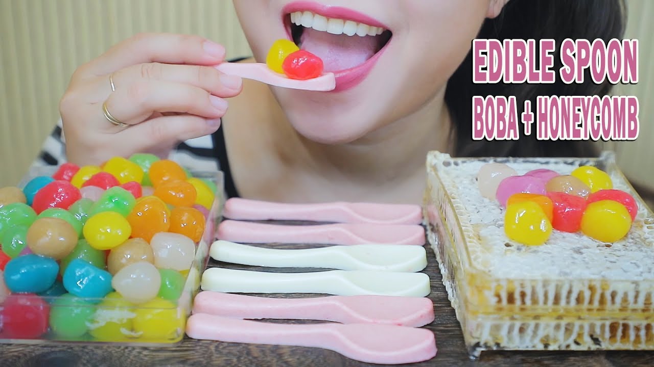 ASMR COLORFUL BOBA (TAPIOCA PEARLS) + HONEYCOMB + EDIBLE SPOON , EATING SOUNDS | LINH-ASMR