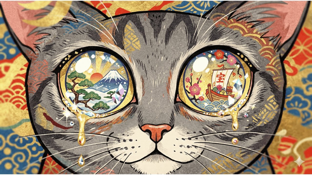 猫の雪の吉事（よごと）｜浮世絵でごnyanse🐾 積もりゆく雪に、重なる幸福を願う新春の調べ/The Cat's Propitious Snowfall – Ukiyo-e de Go-Nyanse🐾