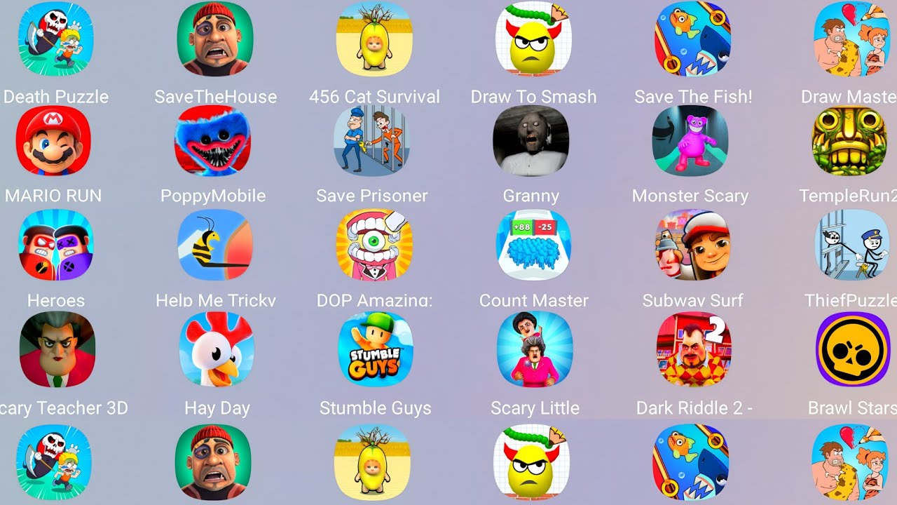 Roblox,Poppy Play 4,Grimace Monster Scary survival,Granny,Temple Run 2,Heros,Count Master,Mario Run