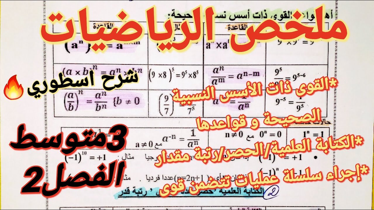ملخص الرياضيات فصل2 الذي لا يستغني عنه تلاميذ3متوسط🔥كل دروس قوى ذات الأسس النسبية الصحيحة/شرح اسطوري