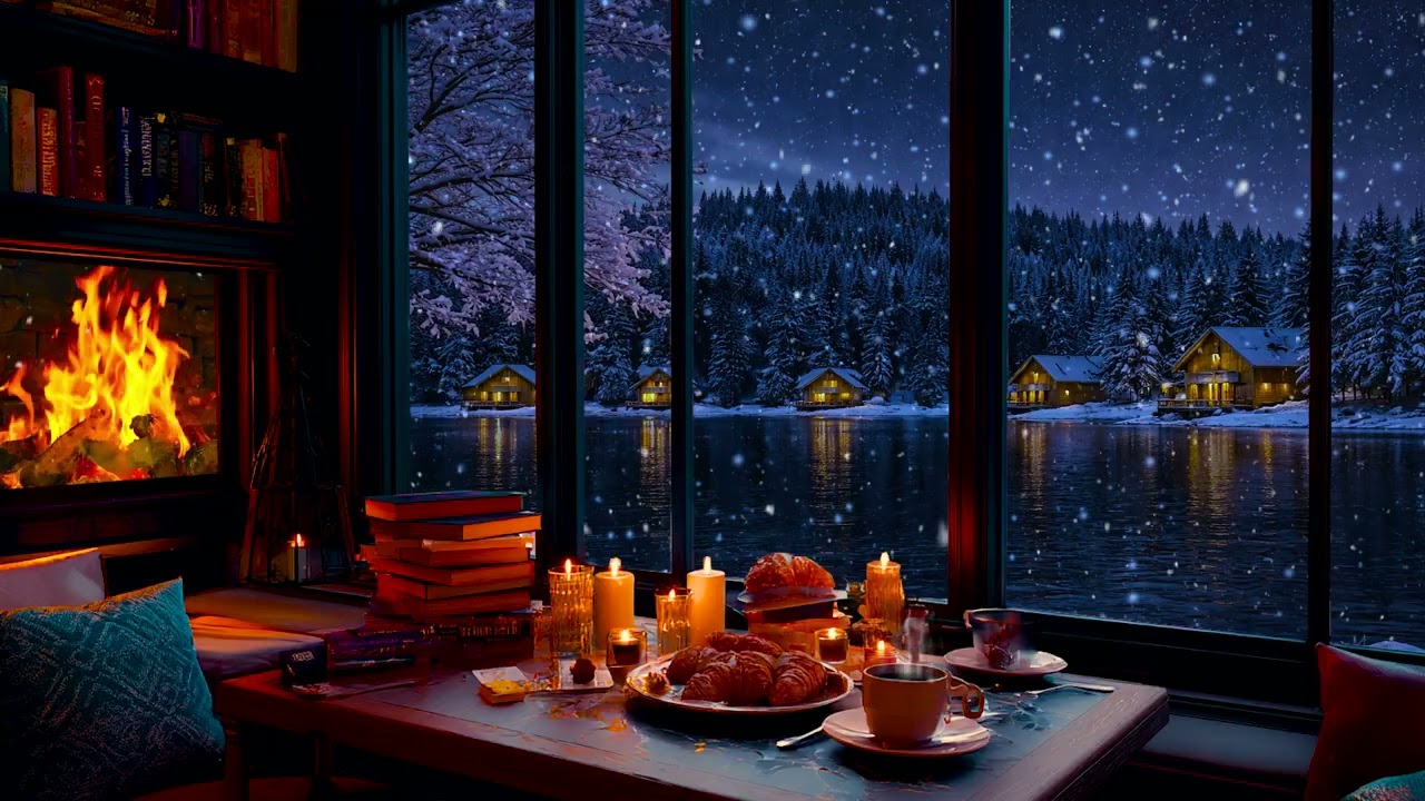 Snowy Lake View Cafe ☕ Relaxing Jazz for Study & Reading