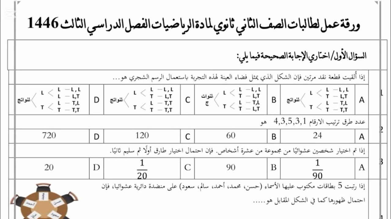 اختبار رياضيات ٢ثانوي الاحتمالات وتحصيلي