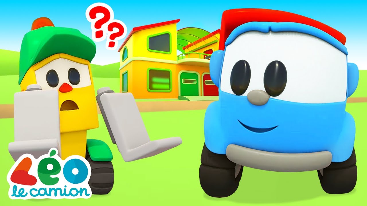 Léo le camion curieux construit une maison de village pour les voitures. Dessins animés pour enfants