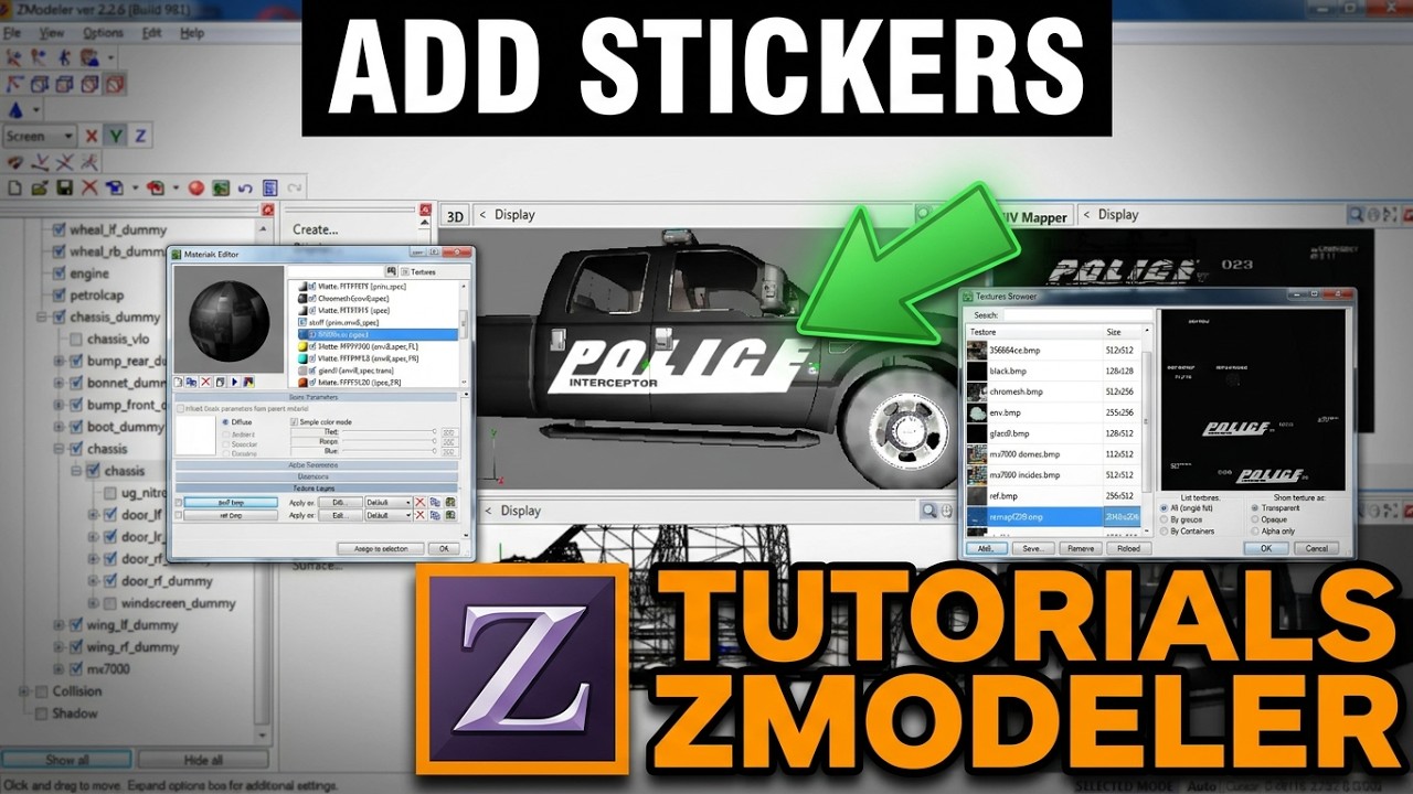 Work in ZModeler # 10 How To add Sticker  to all Police car Part 2