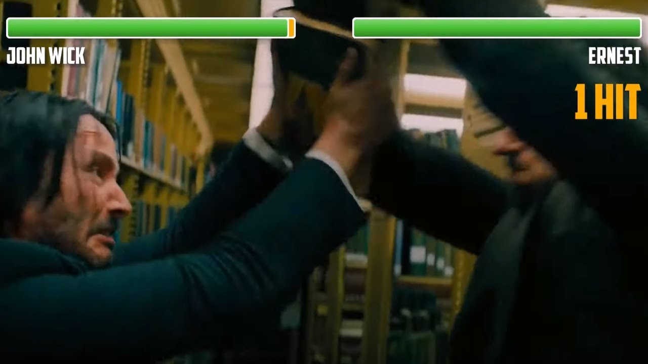 John Wick vs. Ernest WITH HEALTHBARS | Library Fight | HD | John Wick 3: Parabellum