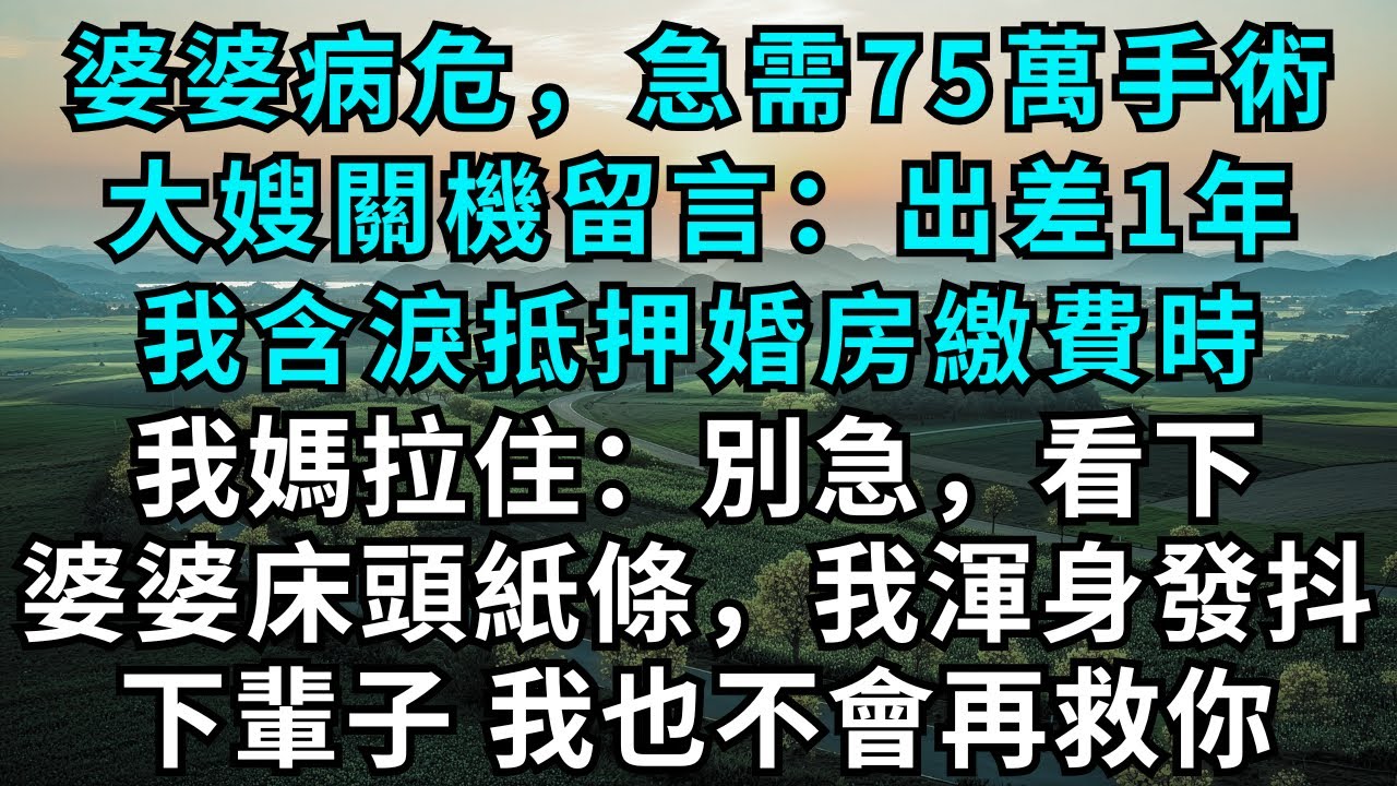 婆婆病危，急需75萬手術，大嫂關機留言：出差1年，我含淚抵押婚房繳費時，我媽拉住：別急，看下婆婆床頭紙條，我渾身發抖，下輩子我也不會再救你！#為人處世#生活經驗#情感故事#故事#小說#婚姻#離婚
