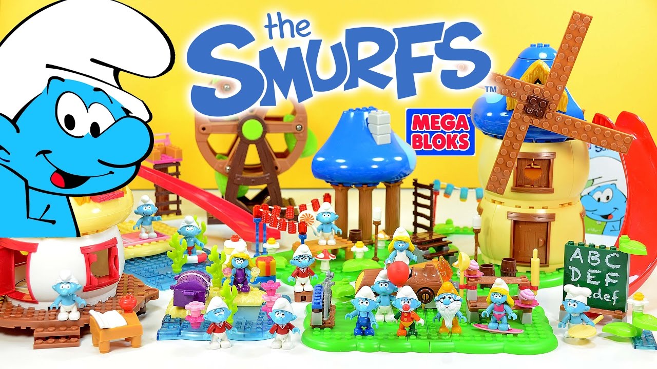 The Smurfs Village w/ Smurfette Baker Smurf Brainy Handy Hefty & Grandpa Smurf Mega Bloks