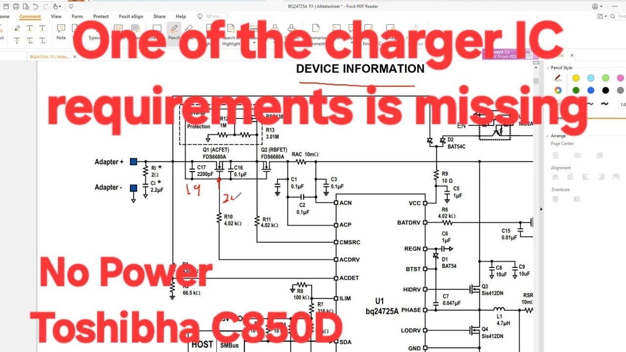 Toshibha C850D | No Power | One of the charger IC requirements is missing | BQ24725A