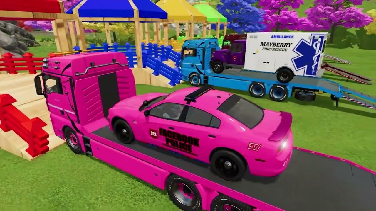 TRANSPORTING PIXAR CARS & FRUITS WITH COLORED & JOHN DEERE vs CLAAS vs TRACTORS - BeamNG.drive #983