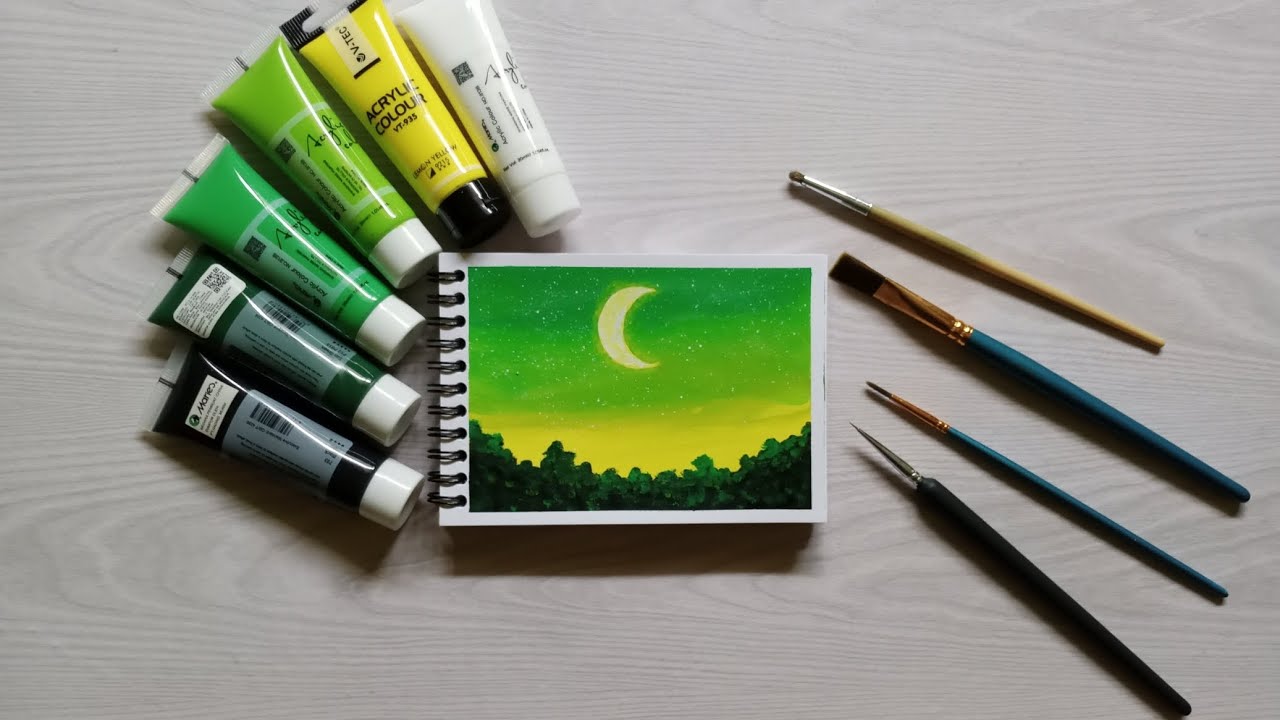 Moon in the green sky🌙💚 | melukis bulan sabit #painting #acrylicscenery 