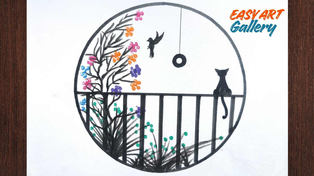 Drawing of a CAT Sitting on Balcony and a Bird is Flying Near Flowers || Learn How to Draw Easily 
