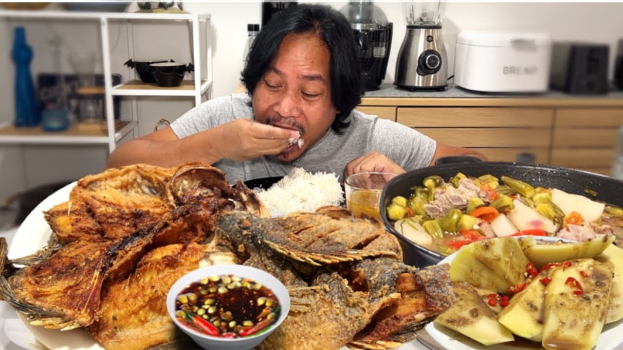 CRISPY BINUYANGYANG NA GIANT TILAPIA! MANGGA AT BAGOONG! SINIGANG! Filipino Food. Mukbang.