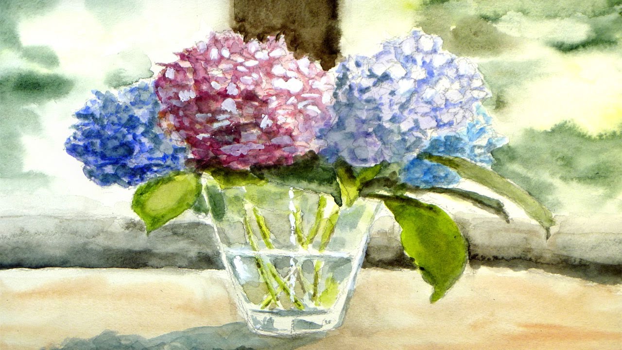 花瓶のアジサイ 【透明水彩風景画】 　Hydrangea【Watercolor】