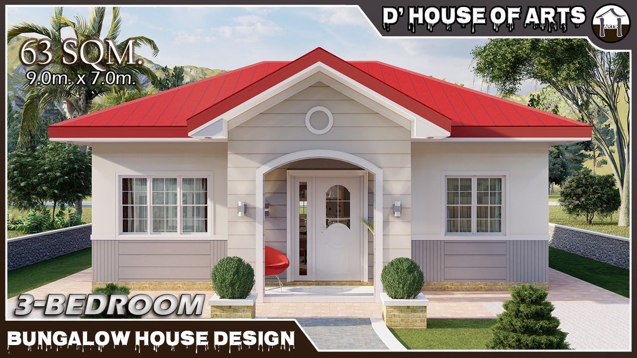 3 BEDROOMS | 63 SQM. (9.0 m x 7.0 m) Bungalow House Design | Small House Design Ideas | 2 T&B