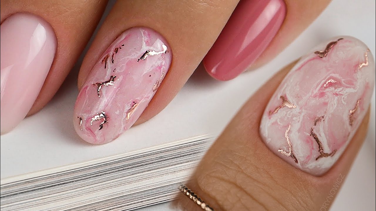 MARMURKOWE PAZNOKCIE krok po kroku | biało różowy marmurek ze złotą folią | pink white marble nails
