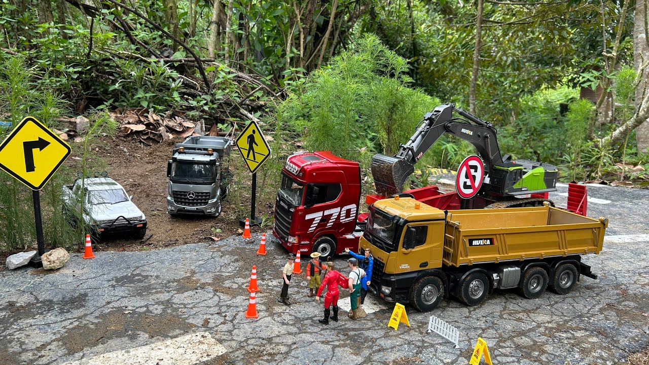 Aksi #138 Dump Truk RC Huina 1536, Truk Huina Muatan Tanah Merah Bangunan Excavator Besar Huina 1593