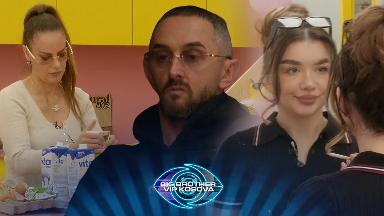 Hygerta në kuzhinë, Alba përballë pasqyrës dhe Arditi duke vëzhguar rrotullimet e lavatriçes.