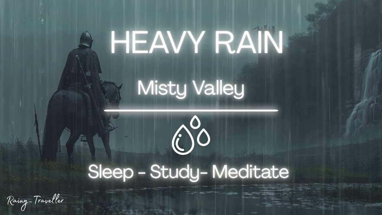 Heavy Rain in Misty Valley 🌧️ Knight Ambience with Waterfall  Relaxing Rain & Rain for Sleep