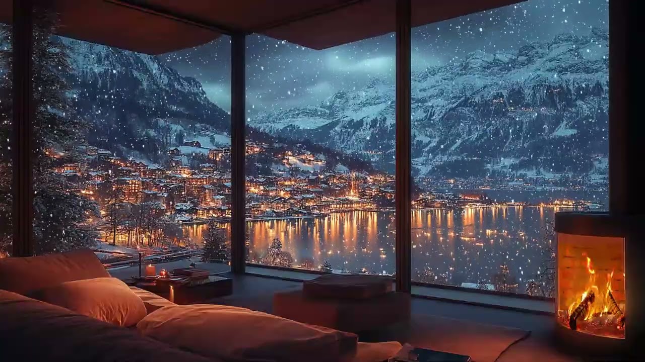 Calm Winter Snow Night by the Mountain Lake with Cozy Cabin Fireplace Ambience