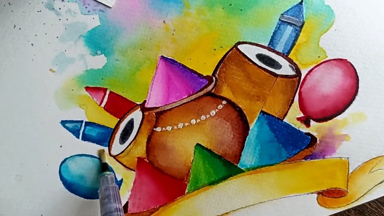 Holi painting watercolors.Holi drawing . Holi special drawing .Holi drawing beautiful