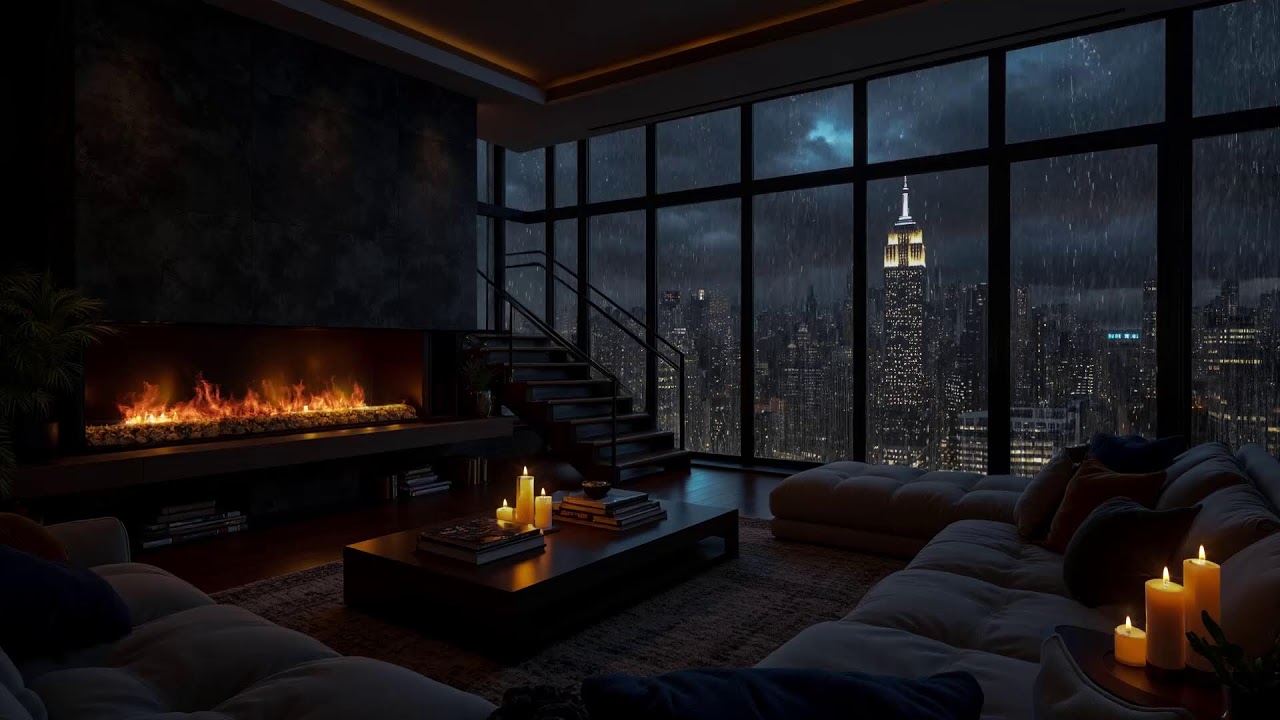 Peaceful Rain City Night In Cozy Bedroom🌧️Fire Crackling & Rain Sounds for Sleep, Insomnia Relief