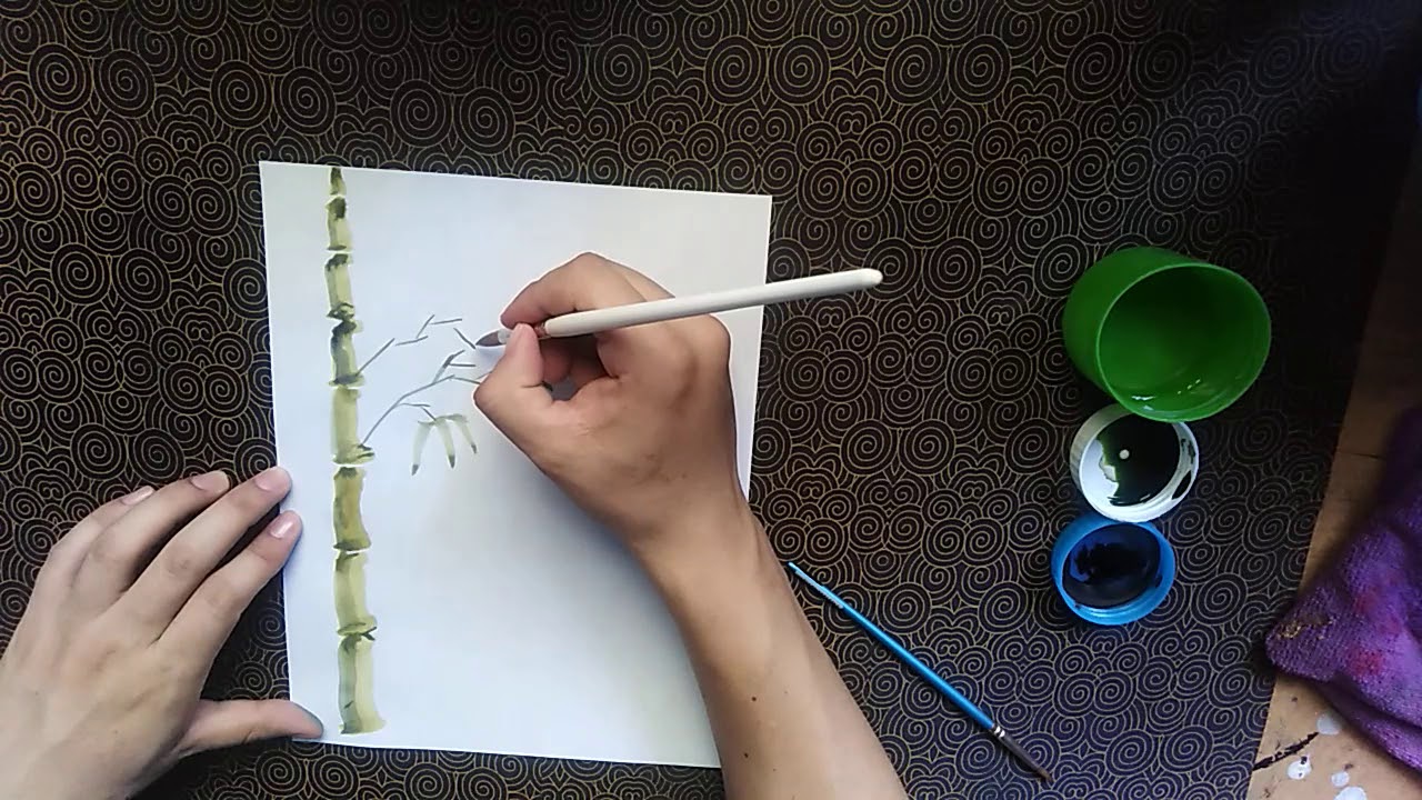 Bambú con acuarela técnica oriental