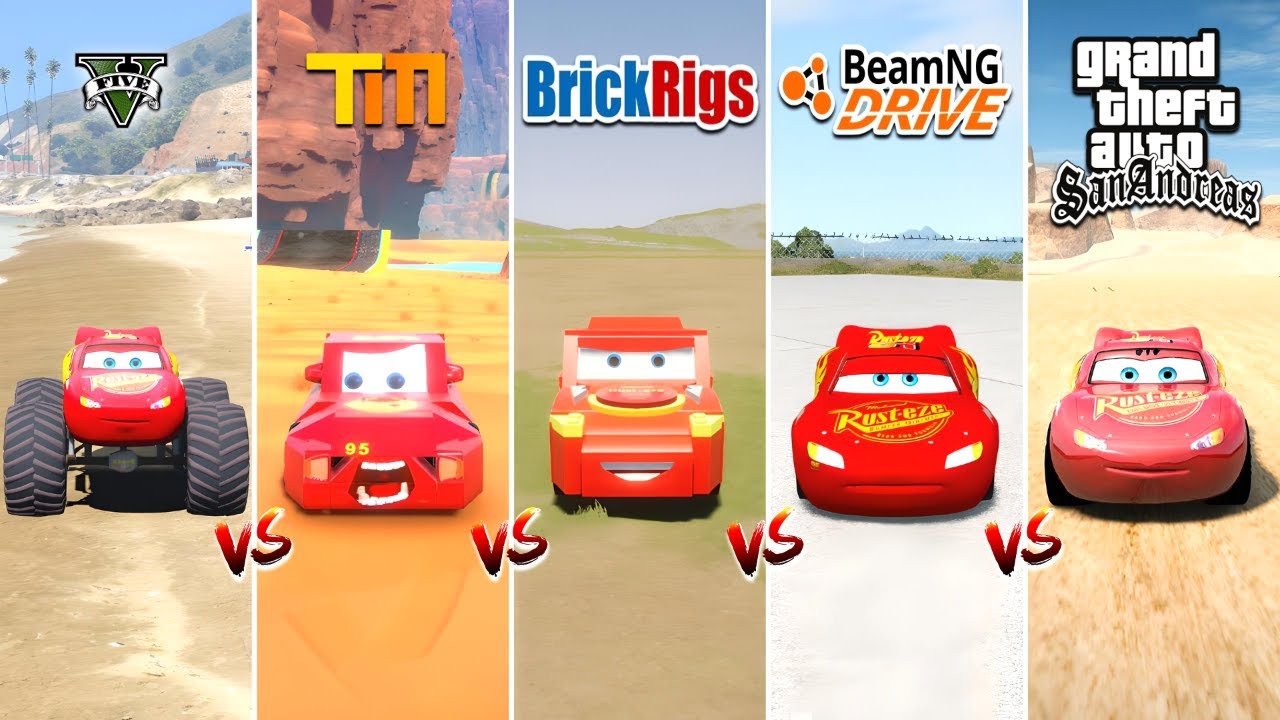 GTA 5 LIGHTNING MCQUEEN vs TRAILMAKERS vs GTA SA vs BRICKRIGS vs BEAMNG DRIVE