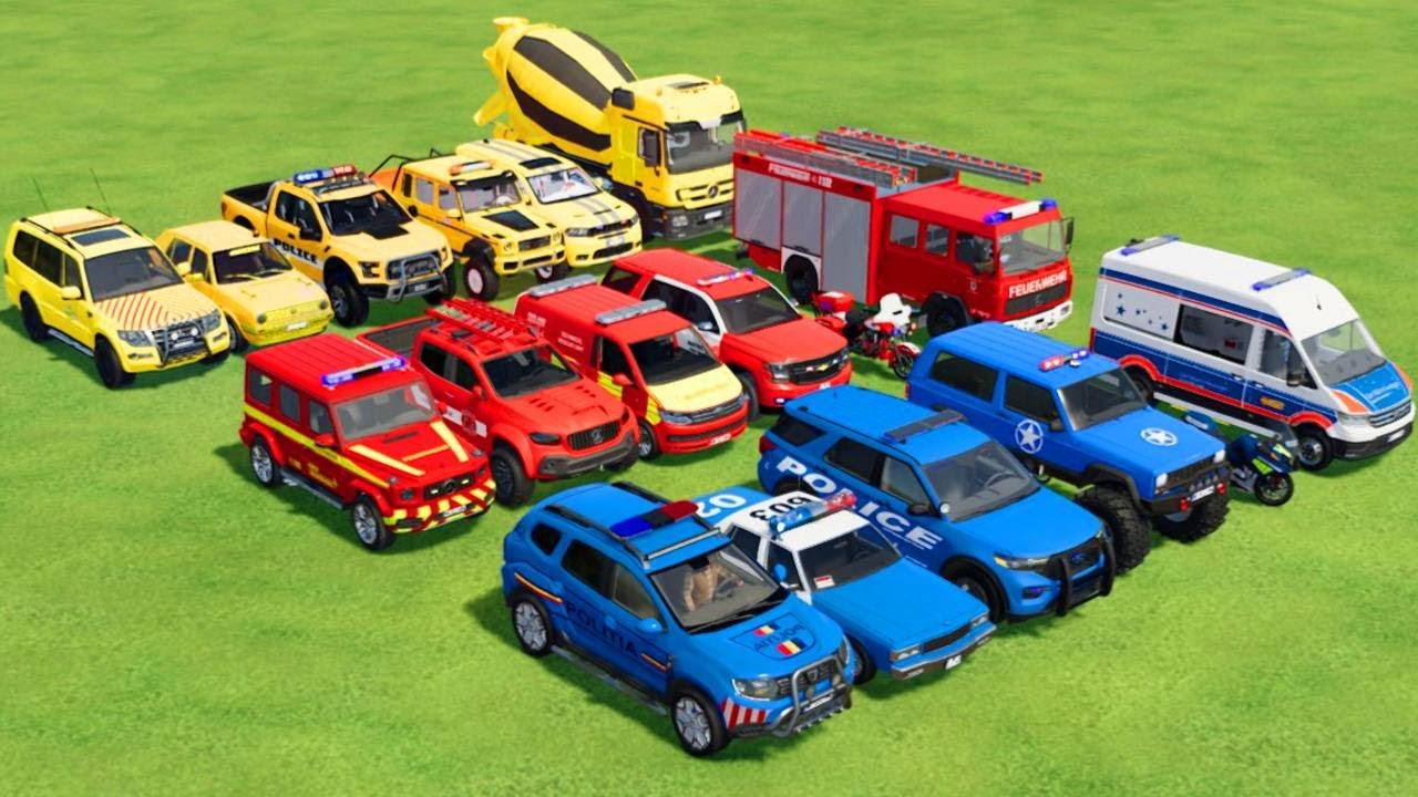 TRANSPORTING ALL POLICE CARS, AMBULANCE, FIRE TRUCK, COLORFUL CARS WITH TRUCK -FARMING SIMULATOR 22!