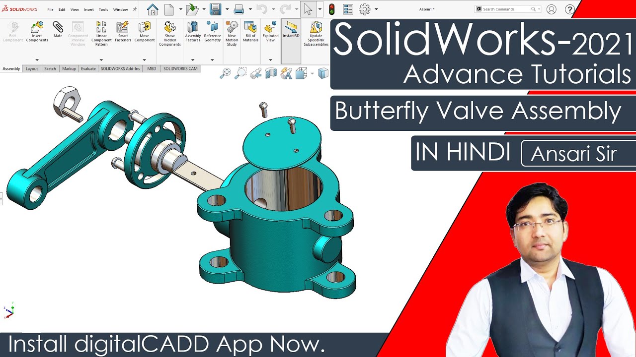 Butterfly Valve Assembly in Solidworks | Solidworks Full Course In Hindi | Solidworks Assembly.